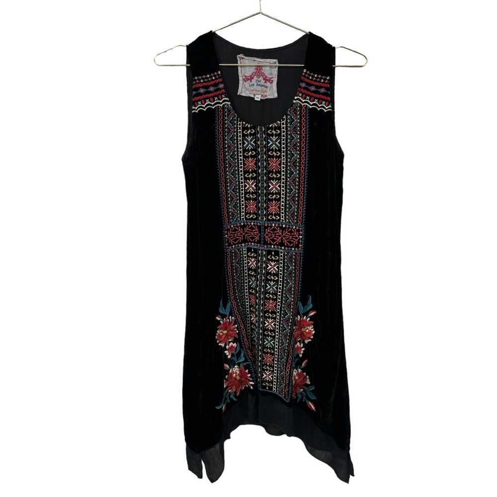 Johnny Was Black Velvet Sleeveless Dress XS Embroidered Floral Boho